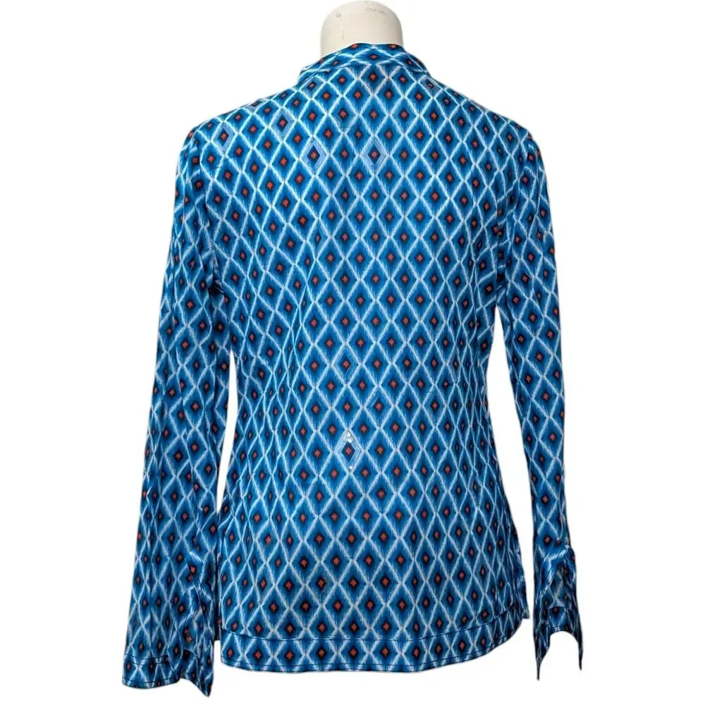 Tory Burch Size 4 Plastic Diamond Accents Blue Top Long Sleeve Boho Geometric
